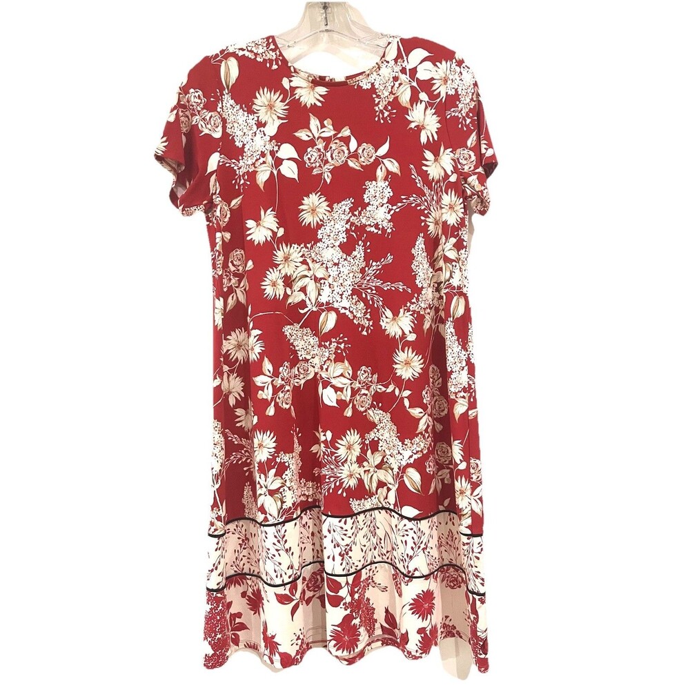 J Jill Wearever Collection Dress Sz S Short Sleeve Knee Length Red Floral Rayon